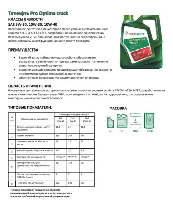 Масло моторное Татнефть Pro Optima Truck 10W-30 (20л) синт. API CI-4, ACEA E4/E7 